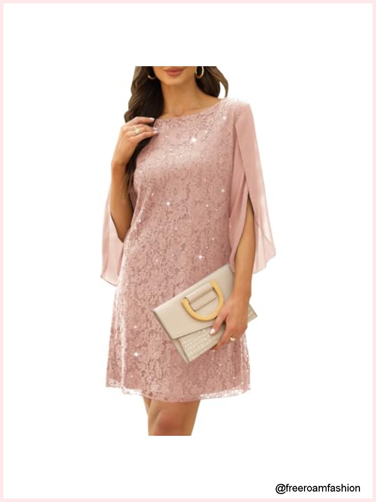 Lace Sequin Cocktail Dress With Slit Sleeves - A-Line Prom Guest Dress